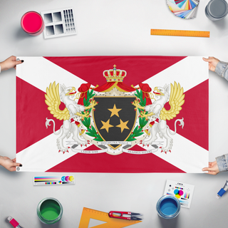 A mockup of the custom flag 'Free City of Dennium flag' held up on a table during print checking