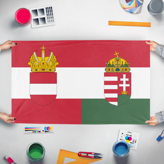 A mockup of the custom flag 'Reworked Austria Hungary  flag' held up on a table during print checking