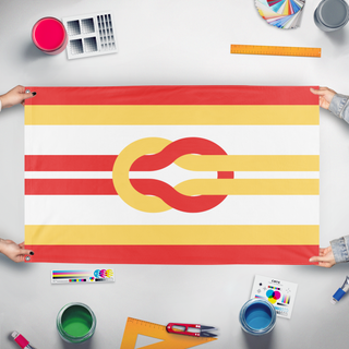A mockup of the custom flag 'Scoutcraft Flag' held up on a table during print checking
