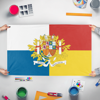 A mockup of the custom flag 'Iberia flag' held up on a table during print checking