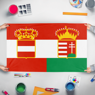 A mockup of the custom flag 'Austria Hungary flag' held up on a table during print checking