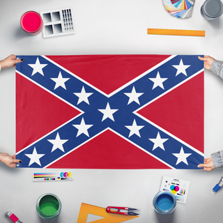 A mockup of the custom flag 'C.S.A Battle Flag' held up on a table during print checking