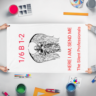 A mockup of the custom flag '1-2 og  flag' held up on a table during print checking