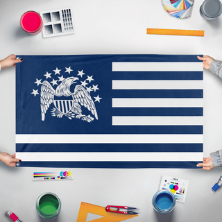 A mockup of the custom flag 'Union Battle flag' held up on a table during print checking