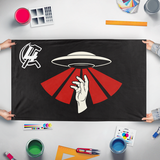 A mockup of the custom flag 'Salvacion Sideral flag' held up on a table during print checking