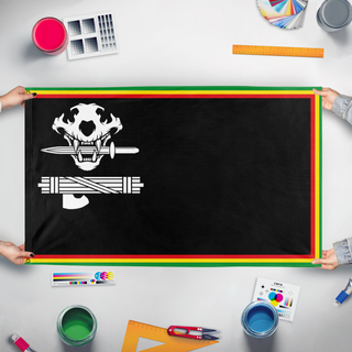 A mockup of the custom flag 'Futurist Abyssinia' held up on a table during print checking