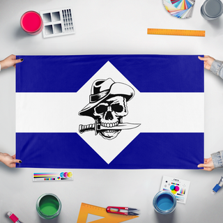A mockup of the custom flag 'Aussie Digger flag' held up on a table during print checking