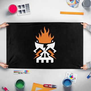 A mockup of the custom flag 'Followers of Hashut flag' held up on a table during print checking
