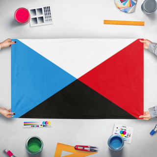A mockup of the custom flag 'Komi  flag' held up on a table during print checking