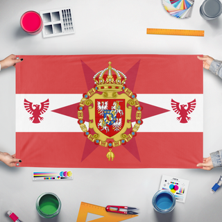 A mockup of the custom flag 'Second Polish Lithuanian commonwealth  flag' held up on a table during print checking