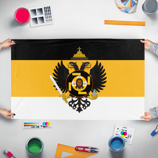 A mockup of the custom flag 'Holy Russia Redesign  flag' held up on a table during print checking