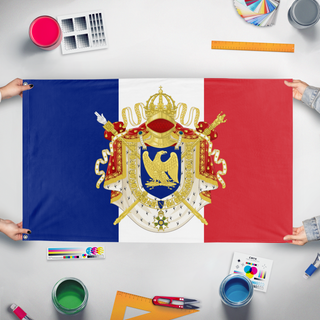 A mockup of the custom flag 'Napoleonic France flag' held up on a table during print checking