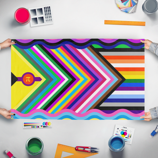 A mockup of the custom flag 'Biblically Accurate Pride flag' held up on a table during print checking