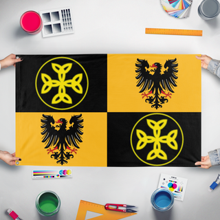 A mockup of the custom flag 'East Francia  flag' held up on a table during print checking