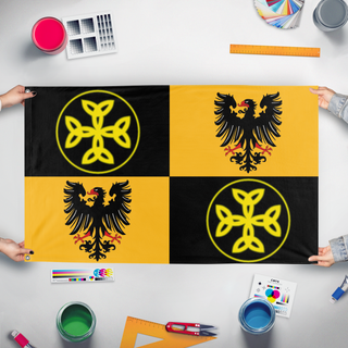 A mockup of the custom flag 'East Francia Reworked flag' held up on a table during print checking