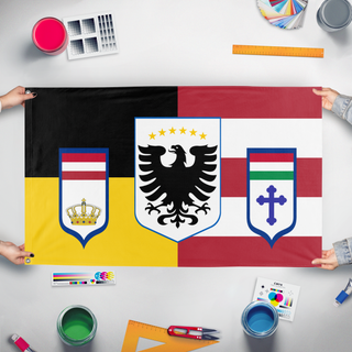 A mockup of the custom flag 'Austro-Hungarian Federation flag' held up on a table during print checking