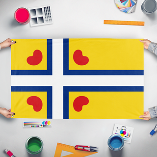 A mockup of the custom flag 'Flag of Frisia' held up on a table during print checking
