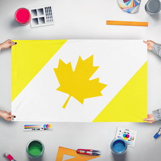 A mockup of the custom flag 'Canada Rico flag' held up on a table during print checking