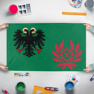 A mockup of the custom flag 'Vatican Islands flag' held up on a table during print checking
