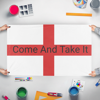 A mockup of the custom flag 'Welcome to the store flag' held up on a table during print checking