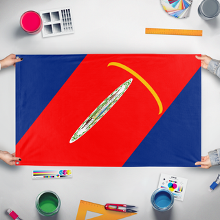 A mockup of the custom flag 'Dodge Dodge more more more more more more Dodge Dodge more more more more flag' held up on a table during print checking