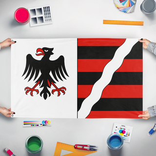 A mockup of the custom flag 'Muhlestein flag' held up on a table during print checking