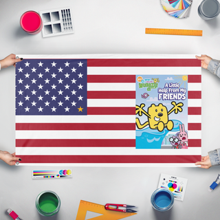 A mockup of the custom flag 'Www in the United States flag' held up on a table during print checking