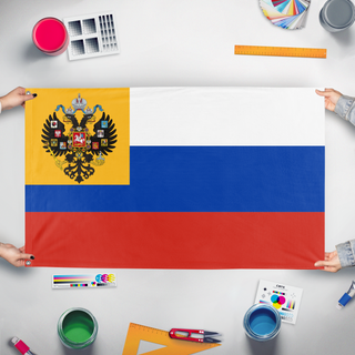 A mockup of the custom flag 'Imperial Russian  flag' held up on a table during print checking