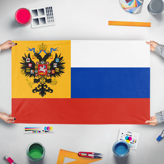 A mockup of the custom flag 'Imperial Russian Redesigned  flag' held up on a table during print checking
