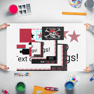 A mockup of the custom flag 'test flag' held up on a table during print checking