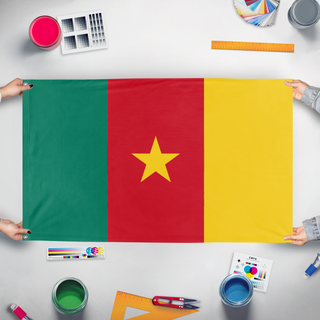 A mockup of the custom flag 'test flag' held up on a table during print checking