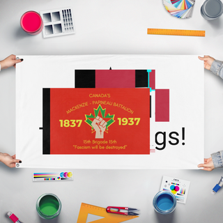 A mockup of the custom flag 'test flag' held up on a table during print checking