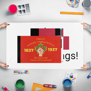 A mockup of the custom flag 'test flag' held up on a table during print checking