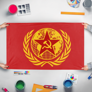 A mockup of the custom flag 'Communist Internationale flag' held up on a table during print checking