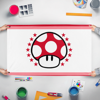 A mockup of the custom flag 'Mushroom Kingdom flag' held up on a table during print checking