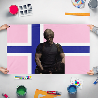 A mockup of the custom flag 'Norwegian flag' held up on a table during print checking