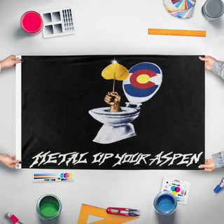 A mockup of the custom flag 'MUYA flag' held up on a table during print checking