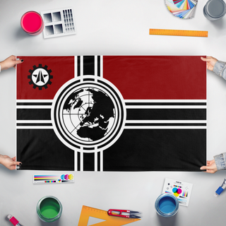 A mockup of the custom flag 'automaton super earth colony flag' held up on a table during print checking