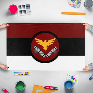 A mockup of the custom flag 'Slearian Empire War  flag' held up on a table during print checking