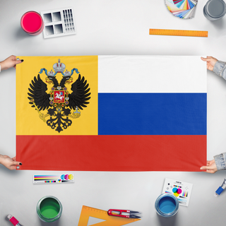 A mockup of the custom flag 'Russia WWI flag' held up on a table during print checking