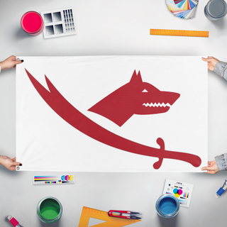 A mockup of the custom flag 'Turkoman-Alevi Flag' held up on a table during print checking
