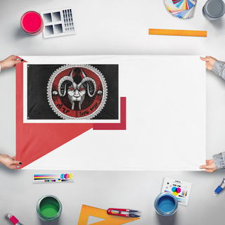 A mockup of the custom flag 'test flag' held up on a table during print checking