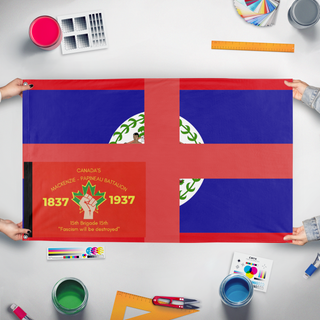 A mockup of the custom flag 'test flag' held up on a table during print checking