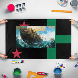 A mockup of the custom flag 'T flag' held up on a table during print checking