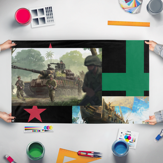 A mockup of the custom flag 'T flag' held up on a table during print checking