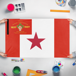 A mockup of the custom flag 'test flag' held up on a table during print checking