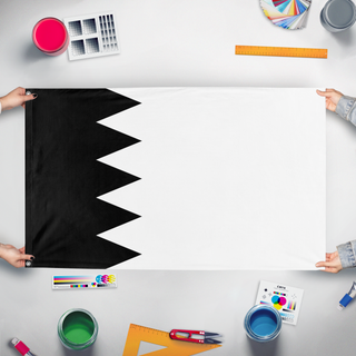 A mockup of the custom flag 'Dark Mode Bahrain flag' held up on a table during print checking