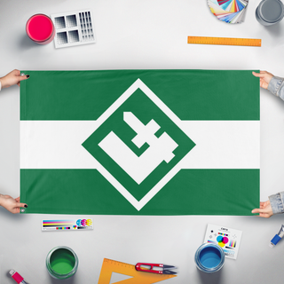 A mockup of the custom flag 'Green-White Polish flag' held up on a table during print checking