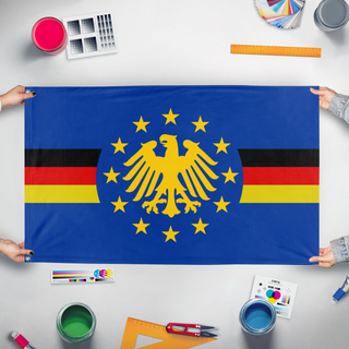 A mockup of the custom flag 'Germany EU flag' held up on a table during print checking