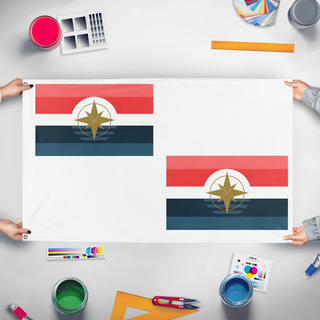 A mockup of the custom flag 'test flag' held up on a table during print checking